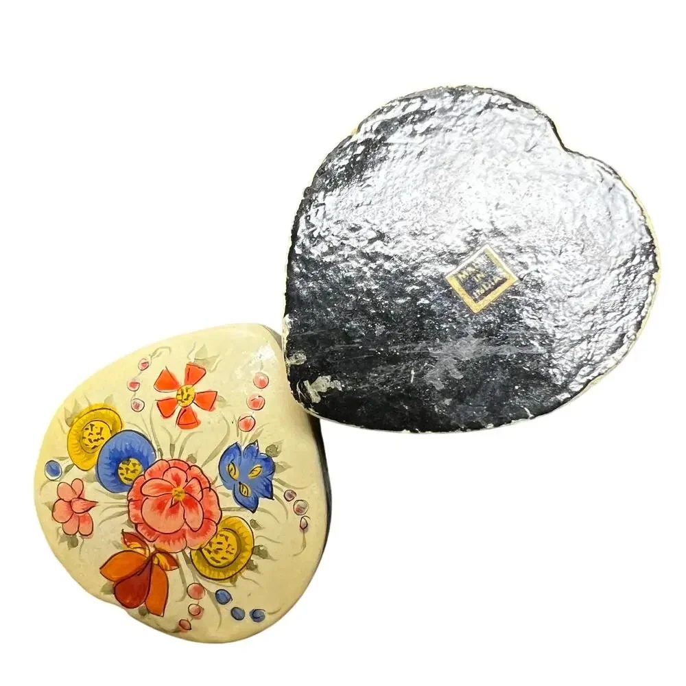 Vintage Heart Shaped Floral Trinket Box Hand Painted Folk Art Style